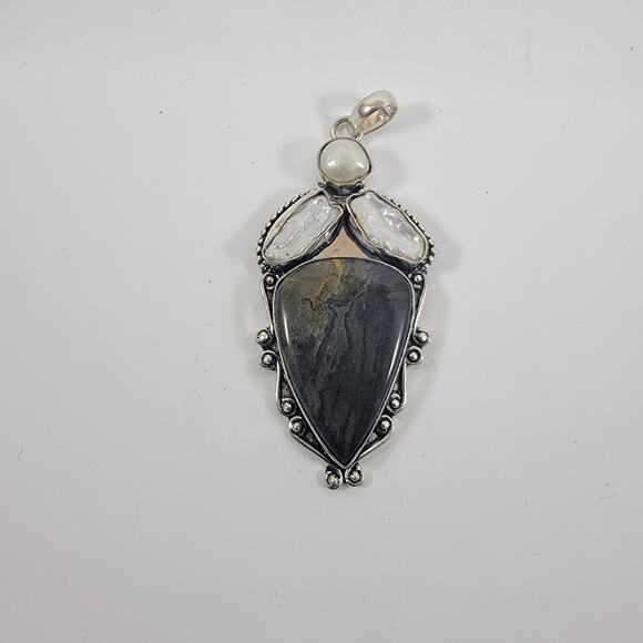 Artisan Black Jasper Pendant With Freshwater Pearl Accents on a 20" Silver Chain - Picture 9 of 10